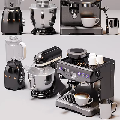 Modern Black Silver Kitchen Appliances Including Coffee Maker Blender And Toaster 3d model