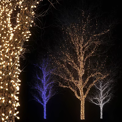 Decorative Lights on Trees at Night with Yellow Blue White Glow Illuminating Dark Ambiance 3d model