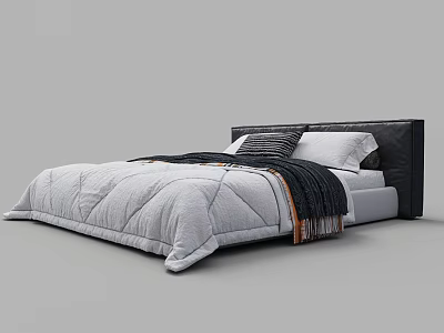 Modern Double Bed With Black Leather Headboard Gray Quilt Striped Pillow And Throw Blanket 3d model