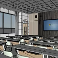 School Modern Classroom With Rows Of Desks Large Screen And Windows