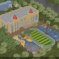 Yellow Castle Style Kindergarten School Building With Red Spire Playground Colorful Ground And Trees
