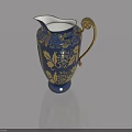 Elegant Blue Ceramic Pitcher With Gold Floral Patterns And Curved Handle On Reflective Surface 3d model