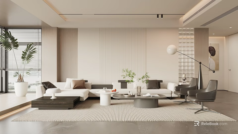 Modern Living Room Interior With Beige Walls Striped Rug White Sofa And Black Coffee Table 3d model 