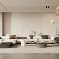 Modern Living Room Interior With Beige Walls Striped Rug White Sofa And Black Coffee Table