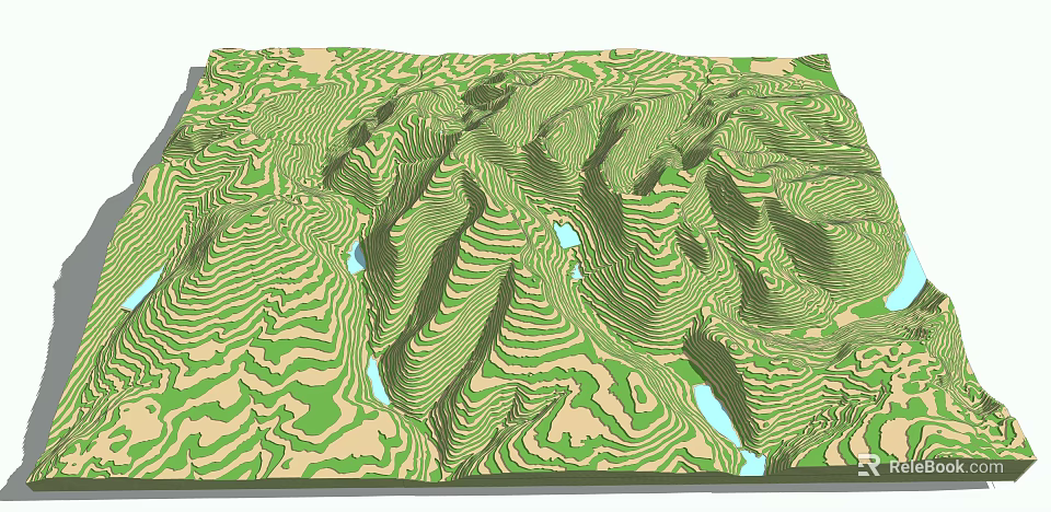 Scenic Green Mountain Landscape With Contour Lines And Blue Water Bodies 3d model 