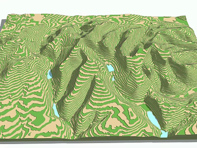 Scenic Green Mountain Landscape With Contour Lines And Blue Water Bodies 3d model