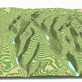 Scenic Green Mountain Landscape With Contour Lines And Blue Water Bodies