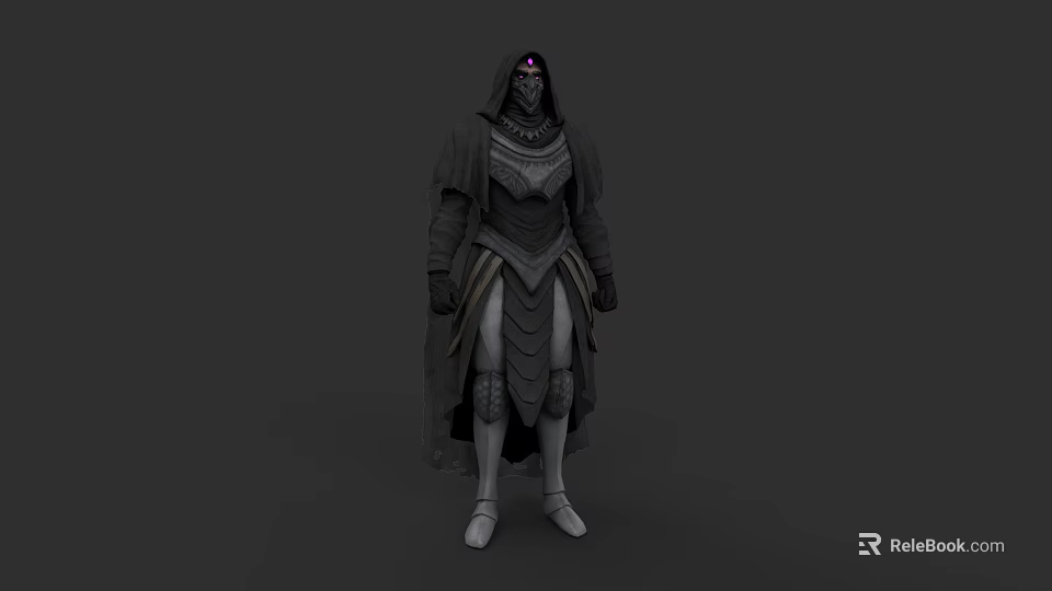 Game Movie Character With Dark Armor Long Cloak And Glowing Purple Gem 3d model 