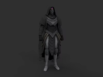Game Movie Character With Dark Armor Long Cloak And Glowing Purple Gem 3d model