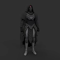 Game Movie Character With Dark Armor Long Cloak And Glowing Purple Gem