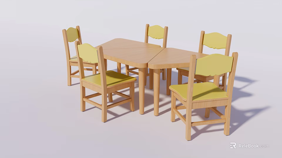 Kids Wooden Table with Four Matching Chairs and Yellow Cushioned Seats 3d model 
