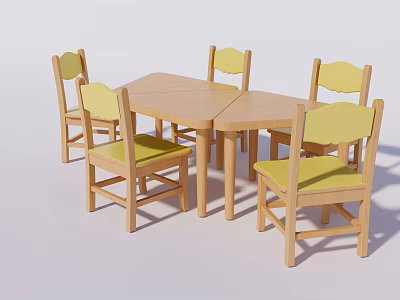 Kids Wooden Table with Four Matching Chairs and Yellow Cushioned Seats 3d model