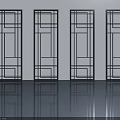 Four Black Frame Swing Doors With Geometric Pattern Design On White Wall Smooth Floor 3d model