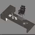 Wooden Office Desk Setup With Black Leather Chair Computer And Documents