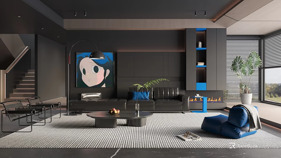 Elegant Modern Living Room Featuring Black Sofa Blue Cushions Round Coffee Table And Wall Art 3d model 