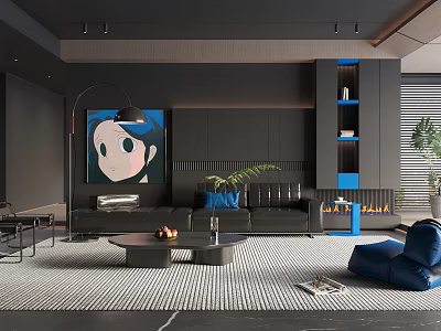 Elegant Modern Living Room Featuring Black Sofa Blue Cushions Round Coffee Table And Wall Art 3d model