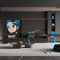 Elegant Modern Living Room Featuring Black Sofa Blue Cushions Round Coffee Table And Wall Art