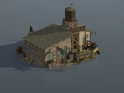 Rustic Wooden House With Tile Roof Water Tower Porch Steps And Wooden Sign 3d model