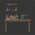 Wooden Table with Shelves Displaying Lab Equipment Colorful Liquids Beakers and Test Tubes
