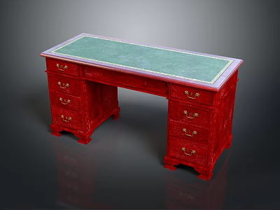 Elegant Traditional Red Desk With Green Top Carved Drawers And Gold Handles 3d model