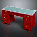 Elegant Traditional Red Desk With Green Top Carved Drawers And Gold Handles