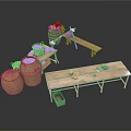 Rustic Wooden Dining Table With Wicker Baskets Bench And Fruits On Top