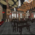 Traditional Chinese Century Fragrance Store Interior With Lanterns Clay Pots And Wooden Shelves