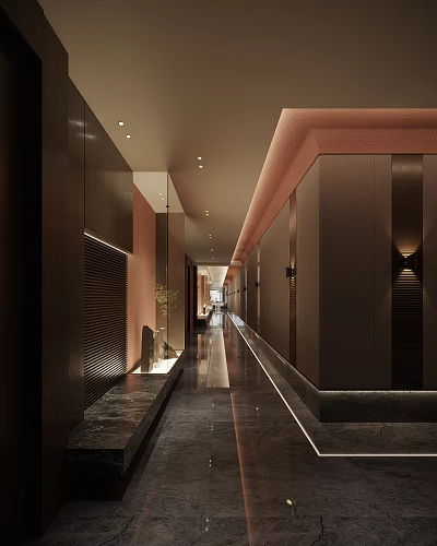 Luxurious Modern Hotel Corridor Interior Design With Marble Flooring And Warm Lighting 3d model