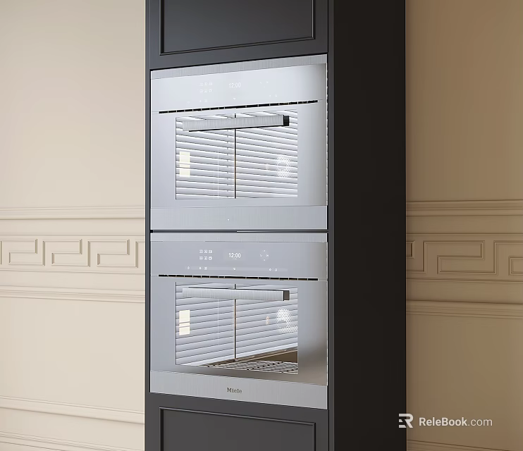Built in Double Oven Kitchen Appliance With Silver Finish And Black Cabinetry Design 3d model 
