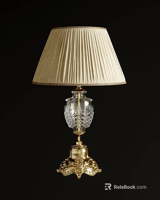 Elegant Table Lamp With Beige Pleated Lampshade Crystal Body And Golden Base 3d model 