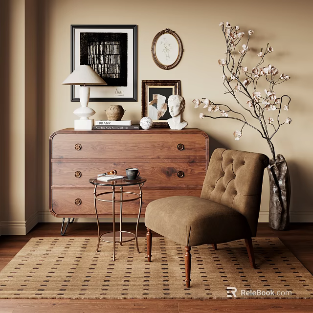 Cozy Classic Wooden Console Side Cabinet With Drawers Armchair Table Lamp And Decorative Items 3d model 