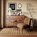 Cozy Classic Wooden Console Side Cabinet With Drawers Armchair Table Lamp And Decorative Items