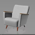Modern Minimalist Armchair With White Fabric Upholstery Wooden Armrests And Red Legs