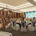 Elegant Decorated Banquet Hall With Central Stage Floral Arrangements Dining Tables Chairs And Ceiling Lights