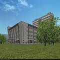 Modern High Rise Office Building With Glass Curtain Wall And Green Trees Under Blue Sky