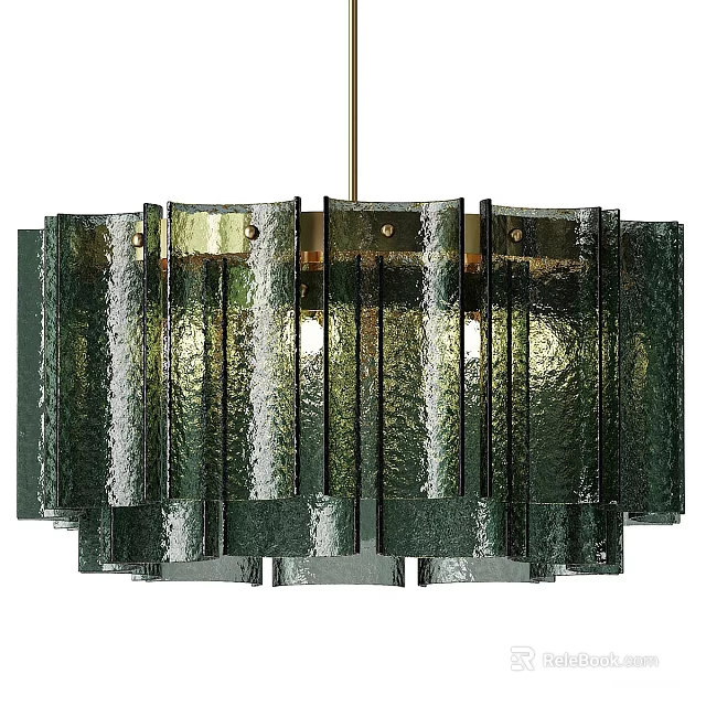 Modern Green Glass Chandelier With Textured Wave Pattern Hanging Light Fixture 3d model 
