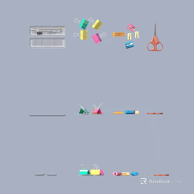 Essential Office Supplies Including Colored Paper Clips Scissors Sticky Notes Ruler Tape And Pens 3d model 