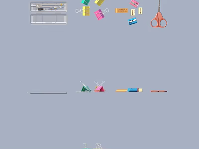 Essential Office Supplies Including Colored Paper Clips Scissors Sticky Notes Ruler Tape And Pens 3d model