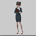 Professional Woman In Navy Blue Suit Holding Brown Folder With Bun Hairstyle Glasses And Heels