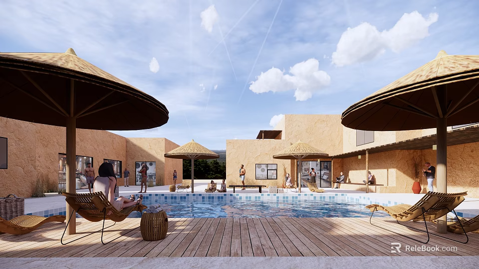 Earth Toned Guesthouse Building With Swimming Pool Thatched Umbrellas Wooden Deck And People Relaxing 3d model 