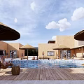 Earth Toned Guesthouse Building With Swimming Pool Thatched Umbrellas Wooden Deck And People Relaxing