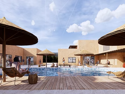 Earth Toned Guesthouse Building With Swimming Pool Thatched Umbrellas Wooden Deck And People Relaxing 3d model