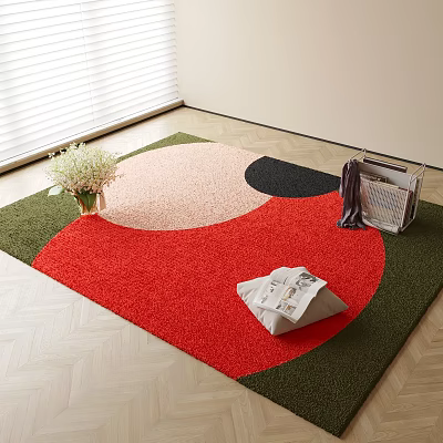 Square Rug with Circular Pink Black Red Patterns Vase White Flowers Magazine Towel Wooden Floor 3d model