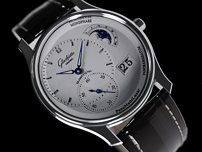 Elegant Automatic Wrist Watch With Silver Dial Blue Hands Moon Phase And Black Leather Strap 3d model