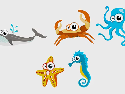 Colorful Cartoon Marine Animal Wall Decor With Whale Crab Octopus Starfish And Seahorse 3d model