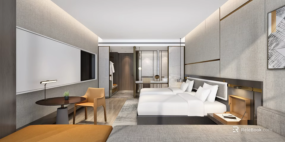 Modern Hotel Room Interior With Double Bed Nightstand TV Desk And Chair In Neutral Tones 3d model 