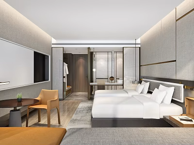 Modern Hotel Room Interior With Double Bed Nightstand TV Desk And Chair In Neutral Tones 3d model