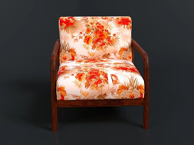 Floral Pattern Accent Chair With Wooden Frame Orange Red Flower Design 3d model