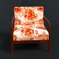 Floral Pattern Accent Chair With Wooden Frame Orange Red Flower Design