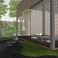 Japanese Courtyard Garden With Stone Lantern Raked Gravel Wooden Deck Lush Greenery And Sliding Screens